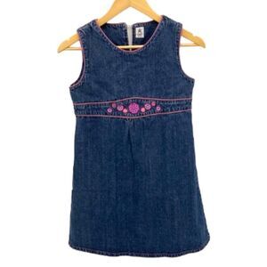 Vintage Girl’s 100% Cotton Denim Dress Pink Embroidered Flowers Cottagecore